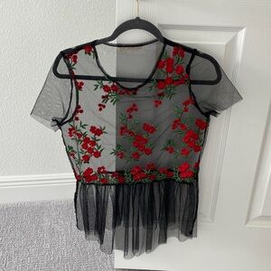 Twinkle by Wenlan Black Sheer Top with Red Floral Embroidery